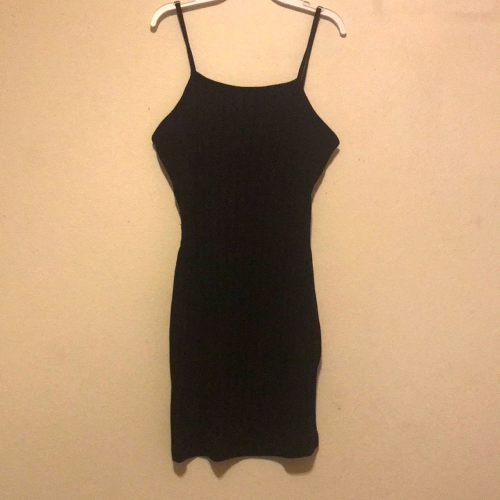 black spaghetti strap rib knit dress